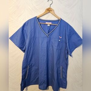 Koi Blue Medical Scrub Top with Pink Label and Navy-Trim Accent 3X